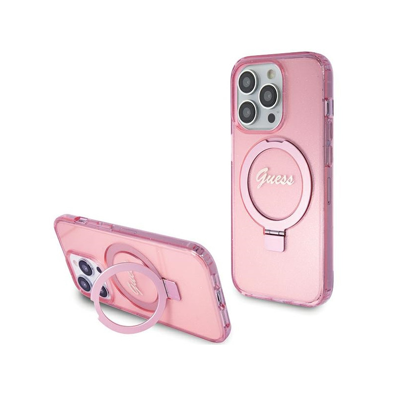 Stojánek na prsten Guess RING STAND SCRIPT Glitter pro iPhone 15 Pro Max - růžový