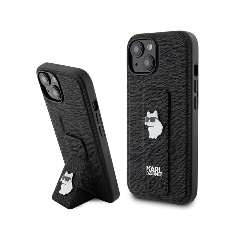 Kryt Karl Lagerfeld Gripstand Saffiano Choupette Pins pro iPhone 15 - černý