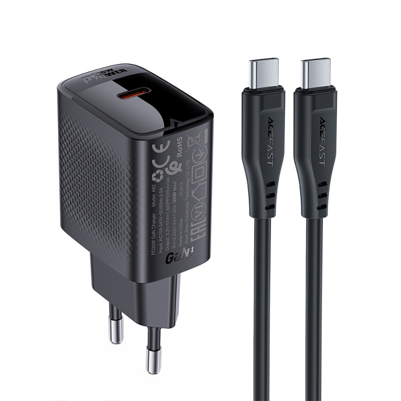 Acefast A82 Network Charger GaN USB-C PD 20W - Black + USB-C / USB-C Cable