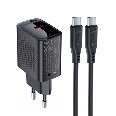 Acefast A82 Network Charger GaN USB-C PD 20W - Black + USB-C / USB-C Cable