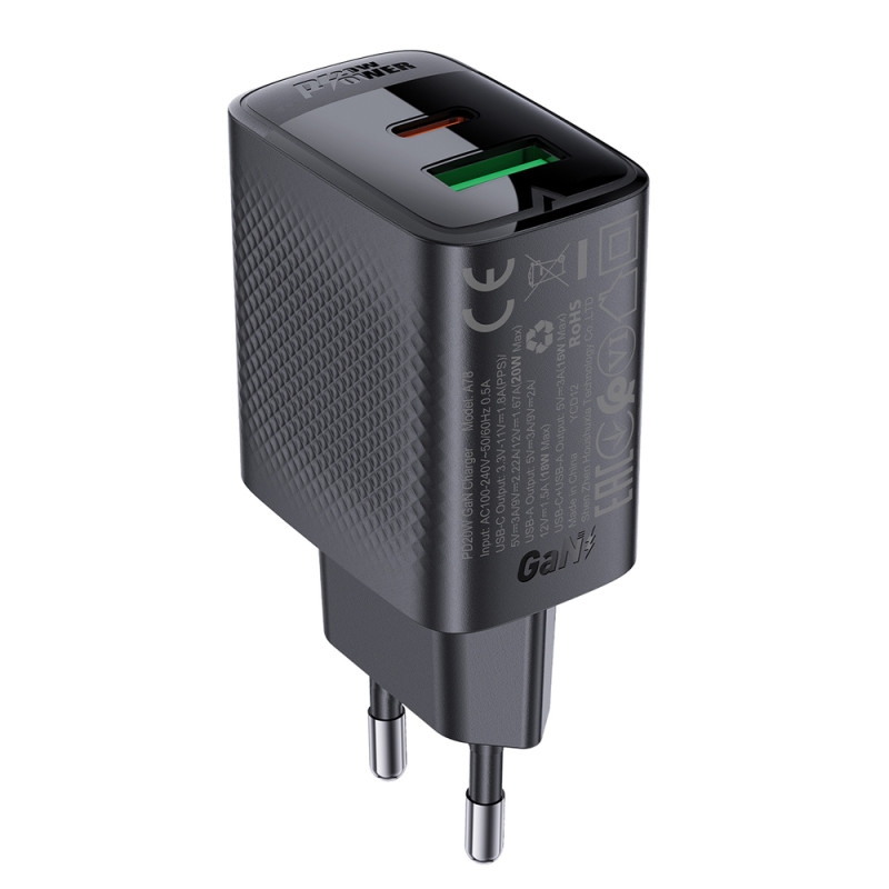 Acefast A78 Charger Network GaN USB-A / USB-C PD 20W - Black