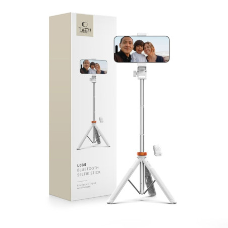 Selfie tyč Tech-Protect L03S Bluetooth s dálkovým ovladačem, stativ do 148 cm a hlava 180 - bílá