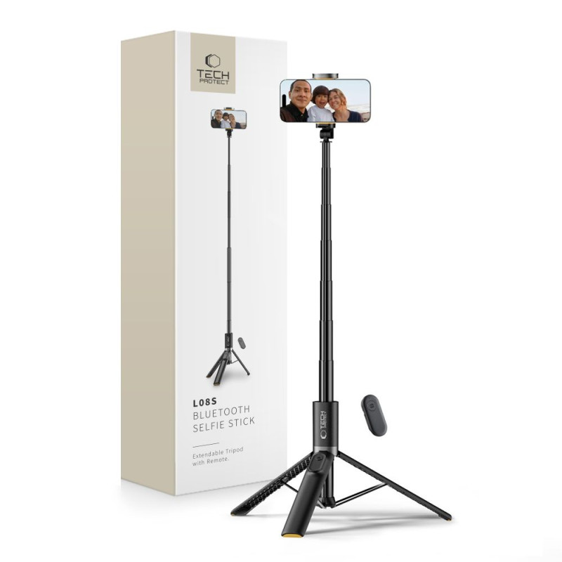Selfie tyč Tech-Protect L08S Bluetooth s dálkovým ovladačem, stativ do 141 cm - černá