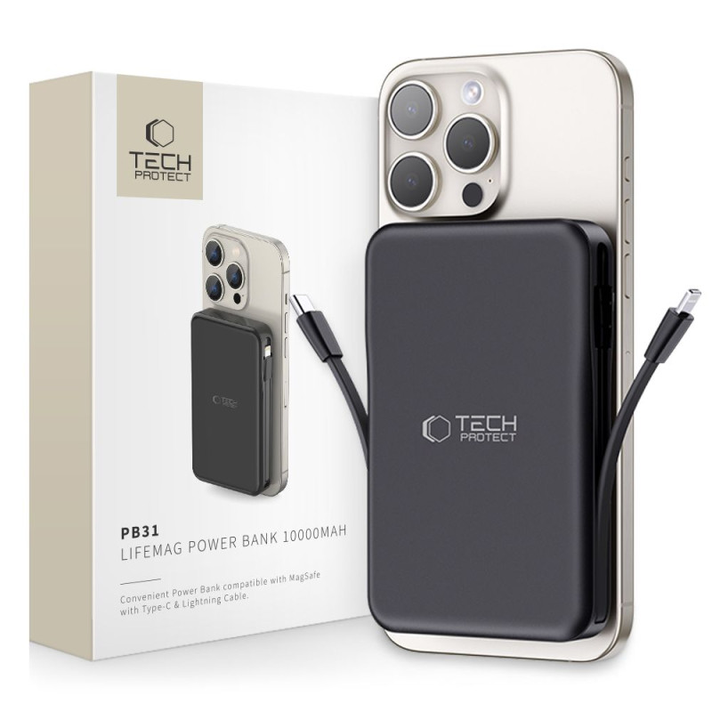 Tech-Protect LifeMag PB31 Power Bank with MagSafe 10000mAh 15W USB-C / USB-A / Built-in USB-C / Lightning Cables - Black