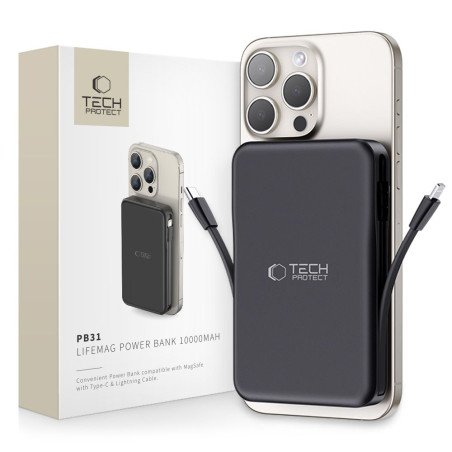 Tech-Protect LifeMag PB31 Power Bank with MagSafe 10000mAh 15W USB-C / USB-A / Built-in USB-C / Lightning Cables - Black