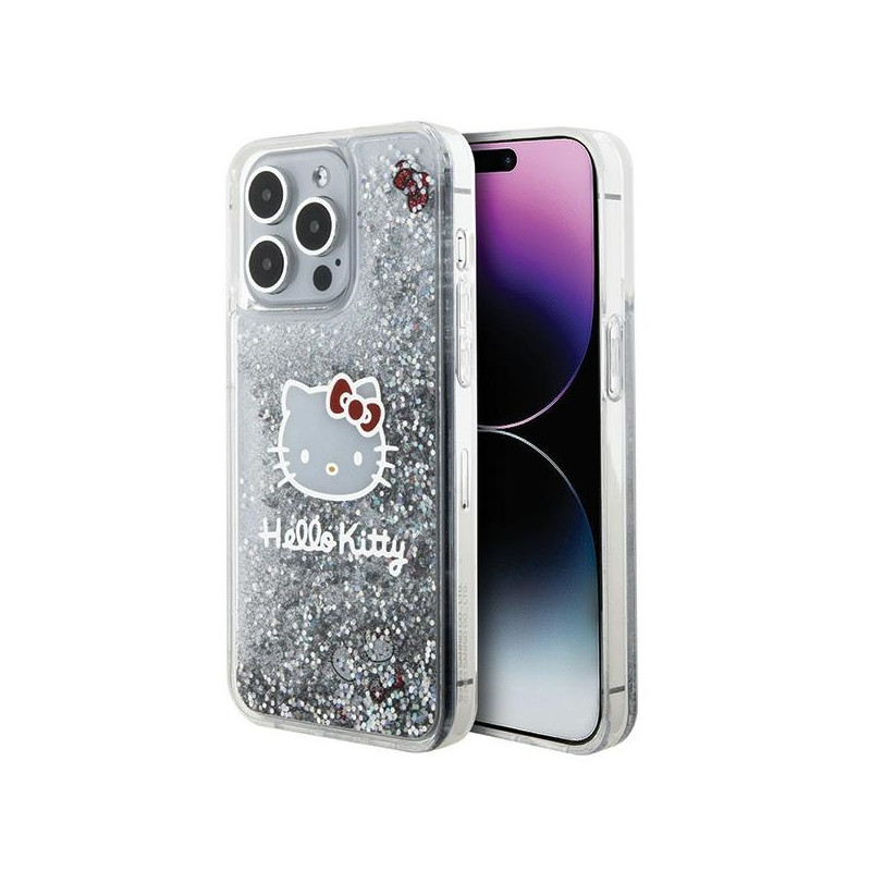 Kryt Hello Kitty LIQUID GLITTER CHARMs pro iPhone 15 Pro Max - stříbrná