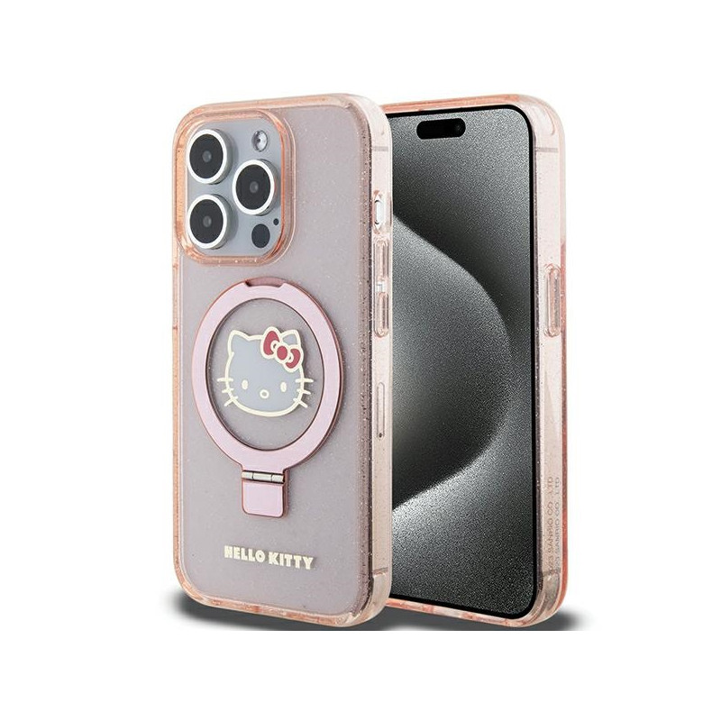 Stojánek na prsten Kryt Hello Kitty ELECTROP Logo MagSafe pro iPhone 15 Pro - růžová