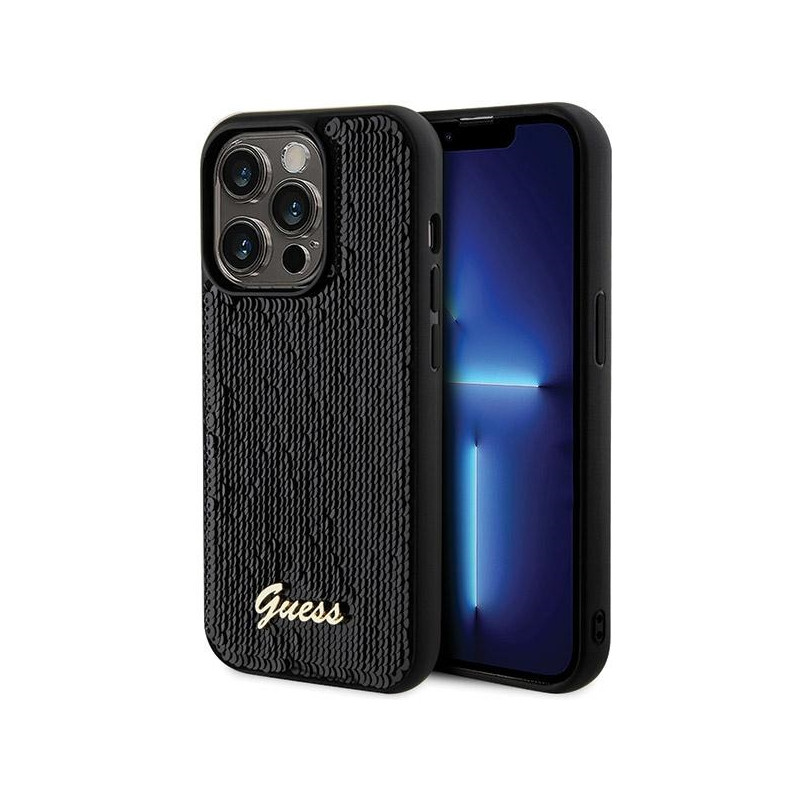 Kryt Guess SEQUIN SCRIPT METAL pro iPhone 13 Pro - black