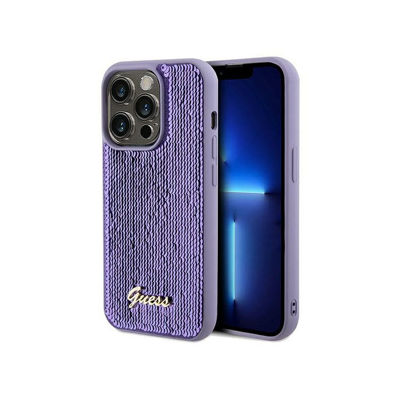 Kryt Guess SEQUIN SCRIPT METAL pro iPhone 13 Pro Max - fialová