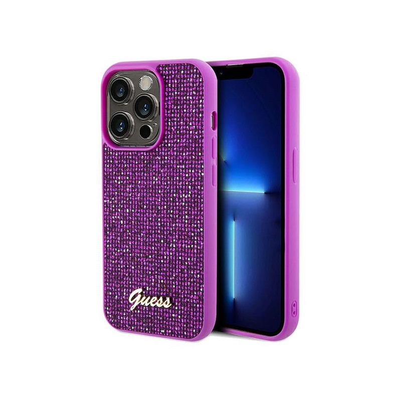 Kryt Guess DISCO METAL SCRIPT pro iPhone 14 Pro - fuchsia