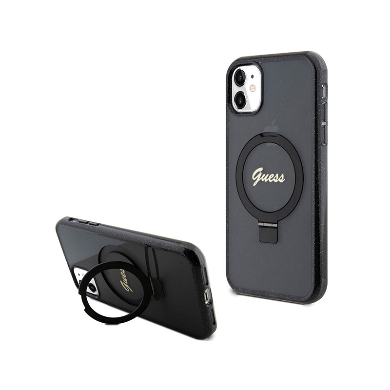 Kryt Guess RING STAND SCRIPT GLITTER pro iPhone 11 / iPhone XR - černý
