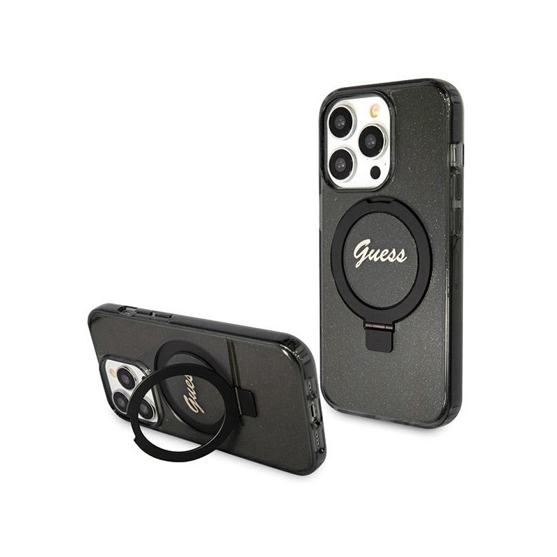 Kryt Guess RING STAND SCRIPT GLITTER pro iPhone 14 Pro Max - black