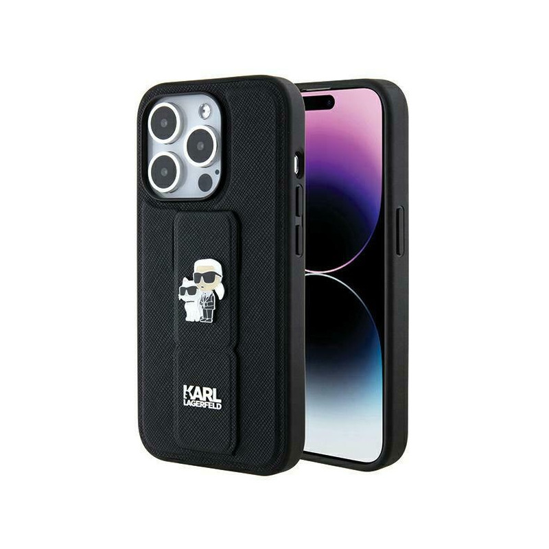 Kryt Karl Lagerfeld GRIPSTAND Saffiano Karl&Choupette pro iPhone 14 Pro - černý