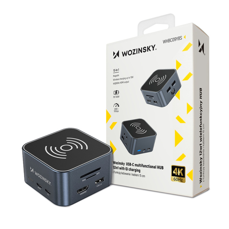 Hub USB-C 12 in 1 Wozinsky WHBC09Y8S multifunctional, with wireless charging function, aluminum, with 15 cm cable - gray