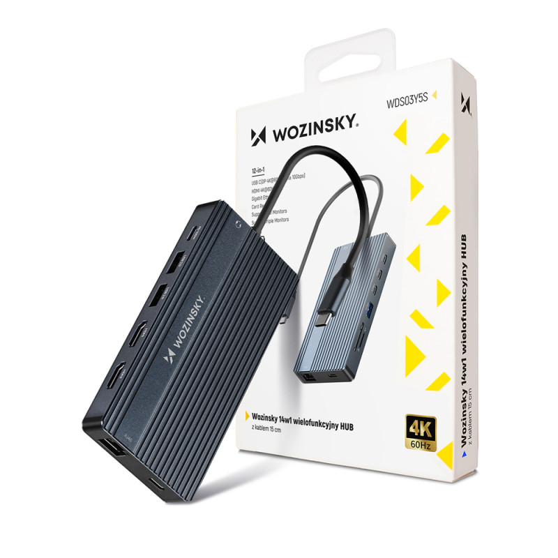 Hub USB-C 14v1 Wozinsky WDS03Y5S multifunkční, hliníkový, pro 3 monitory, s kabelem 15 cm - šedý