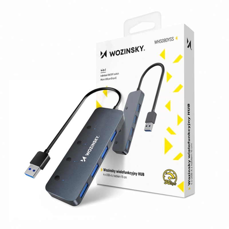Hub USB-A Wozinsky WHS080YSS 4x USB-A 3.0 s individuálními vypínači, hliníkový, s kabelem 30 cm - šedý