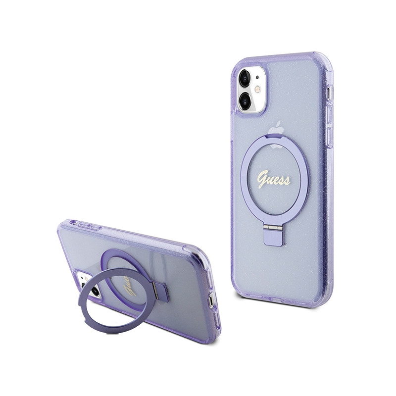 Kryt Guess RING STAND SCRIPT GLITTER pro iPhone 11 / XR - fialová