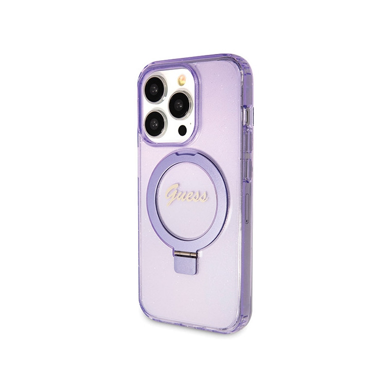 Kryt Guess RING STAND SCRIPT GLITTER pro iPhone 14 Pro Max - fialová