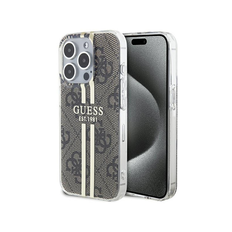 Kryt Guess IML 4G Gold Stripe pro iPhone 15 Pro - hnědý