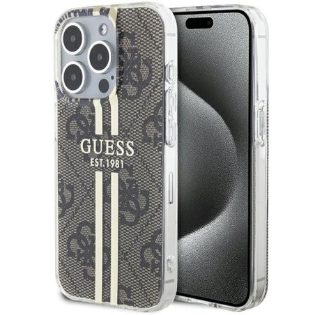 Kryt Guess IML 4G Gold Stripe iPhone 15 Pro - hnědý
