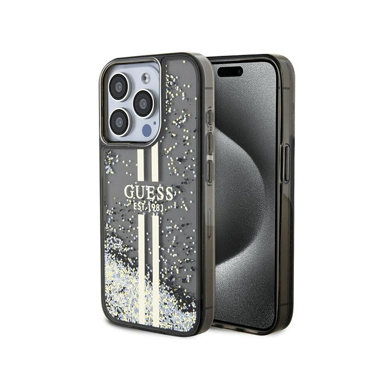 Kryt Guess LIQUID GLITTER GOLD STRIPES pro iPhone 15 Pro - black