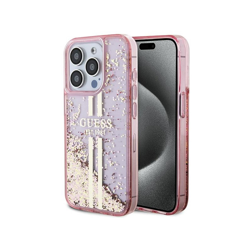 Kryt Guess Liquid Glitter Gold Stripes pro iPhone 15 Pro - pink