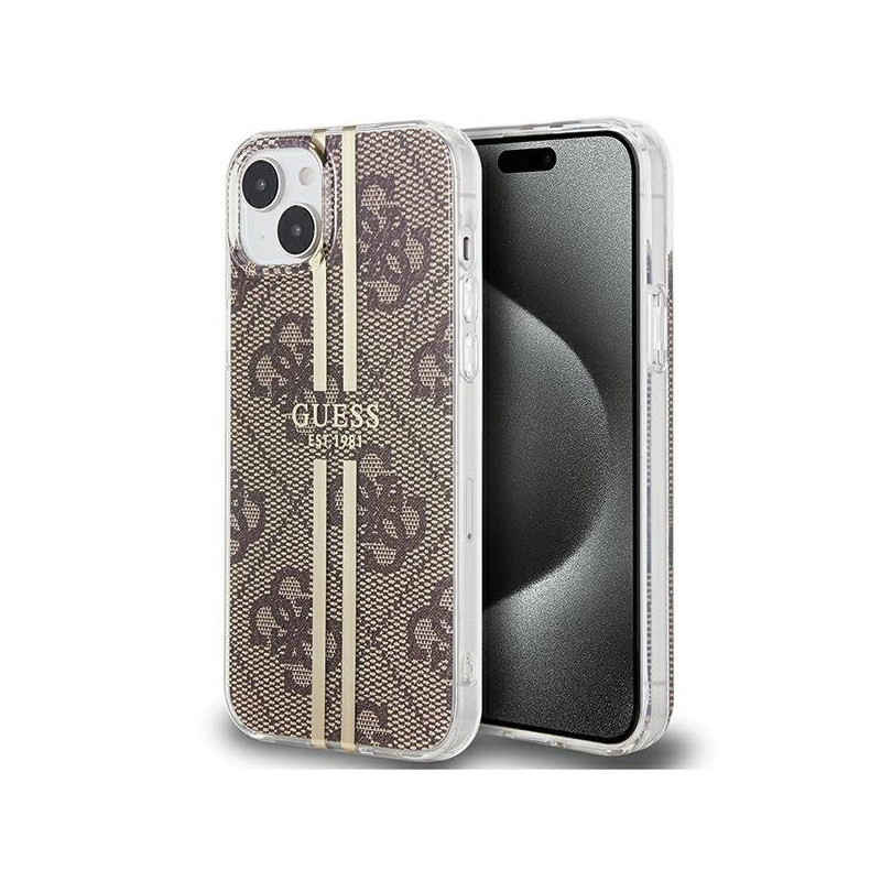 Kryt Guess IML 4G GOLD STRIPE pro iPhone 15 Plus - hnědý