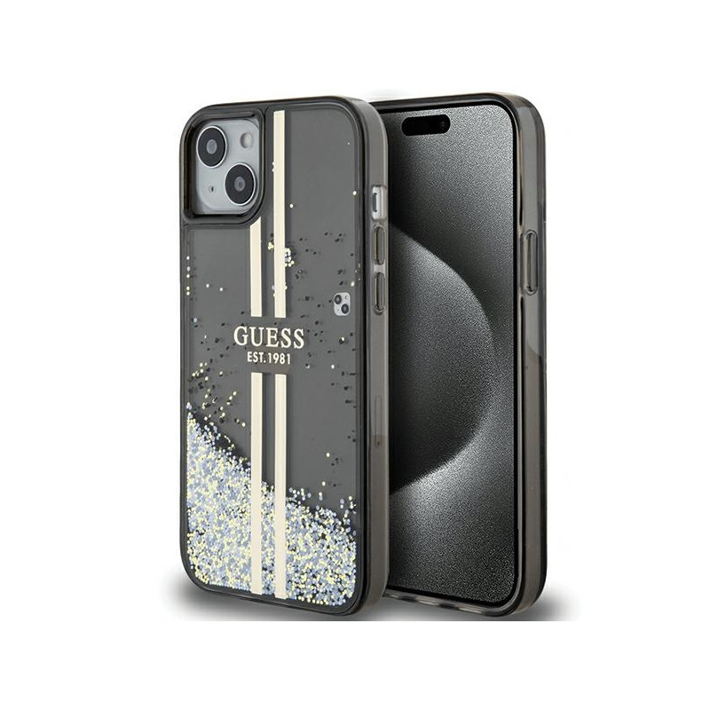 Kryt Guess LIQUID GLITTER GOLD STRIPES pro iPhone 15 Plus / 14 Plus - black