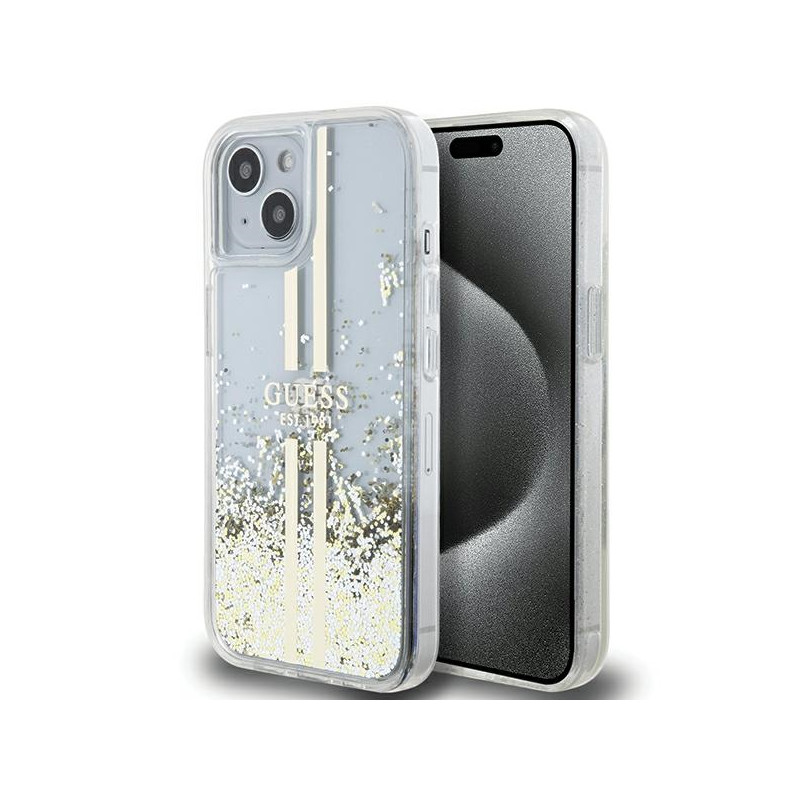 Kryt Guess LIQUID GLITTER GOLD STRIPES pro iPhone 15 Plus / 14 Plus - transparent