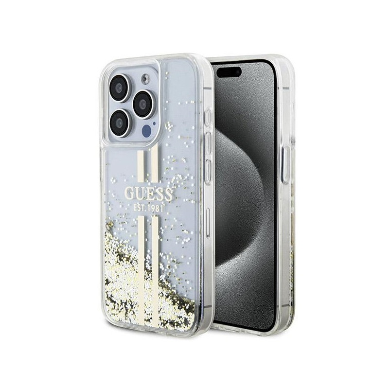 Kryt Guess LIQUID GLITTER GOLD STRIPES pro iPhone 15 Pro Max - transparent