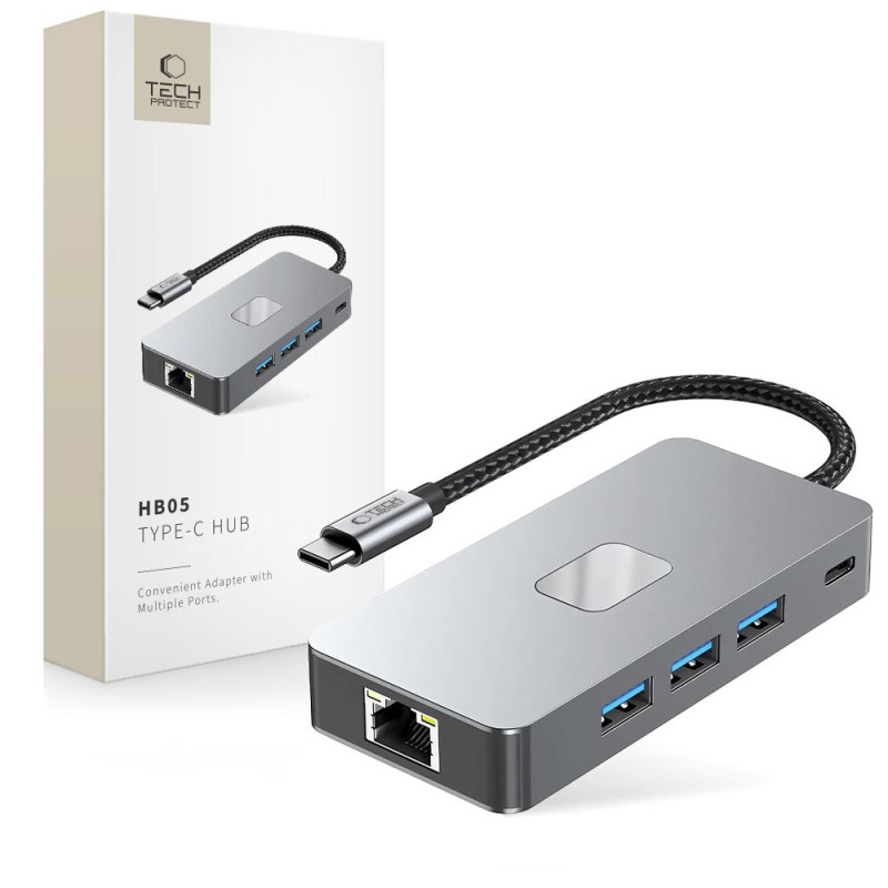 Hub Tech-Protect HB05 9v1 USB-C + USB2.0 + USB3.0 + HDMI 4K 60HZ + SD / TF + PD100W + RJ45 - šedý