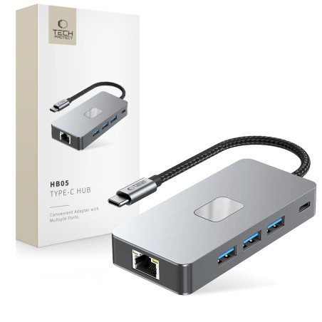 Hub Tech-Protect HB05 9v1 USB-C + USB2.0 + USB3.0 + HDMI 4K 60HZ + SD / TF + PD100W + RJ45 - šedý
