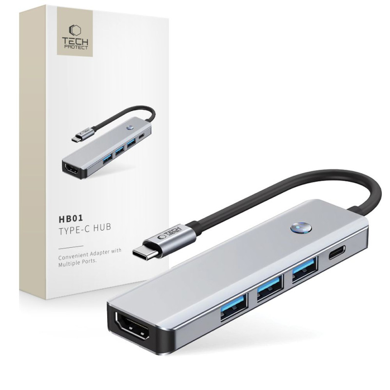 Hub Tech-Protect HB01 5v1 USB-C + USB3.0 + HDMI 4K 60Hz + PD100W - šedý