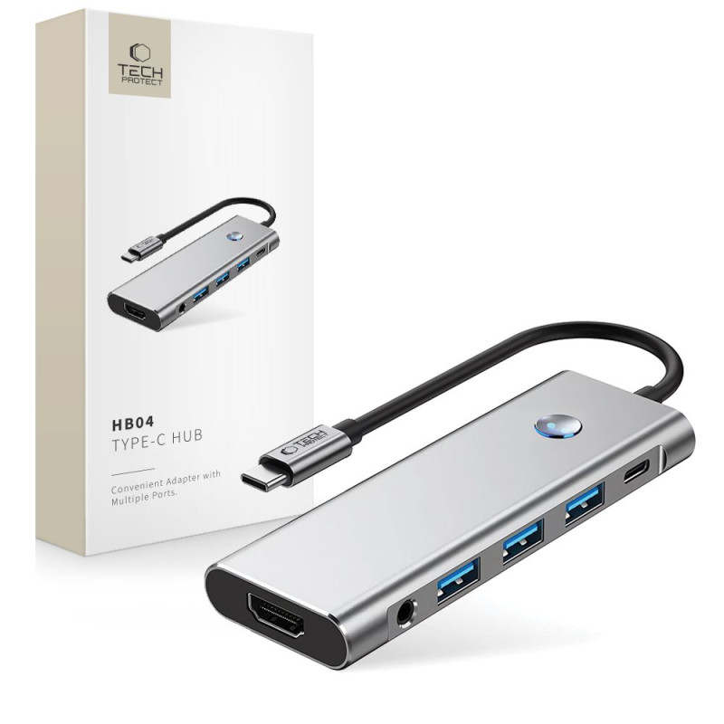Hub Tech-Protect HB04 9v1 USB-C + USB2.0 + USB3.0 + HDMI 4K 60Hz + SD / TF + PD100W + AV3.5 - šedý