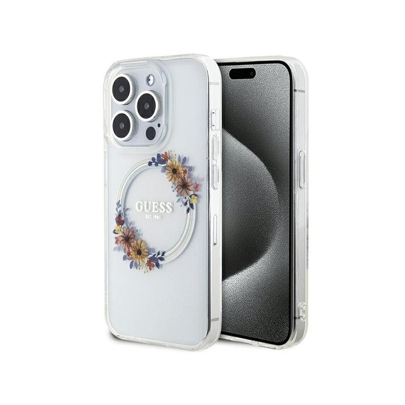 Kryt Guess IML FLOWERS WREATCH pro iPhone 15 Pro Max - clear