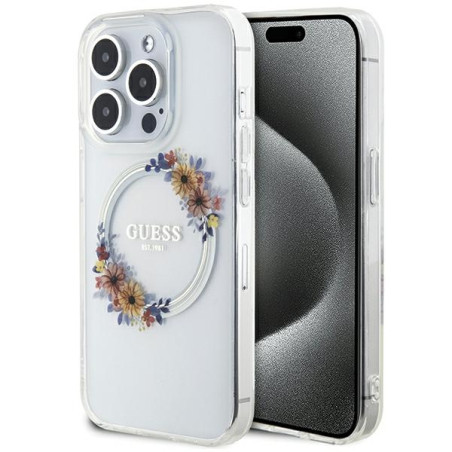 Kryt Guess IML FLOWERS WREATCH MagSafe pro iPhone 15 Pro Max - clear