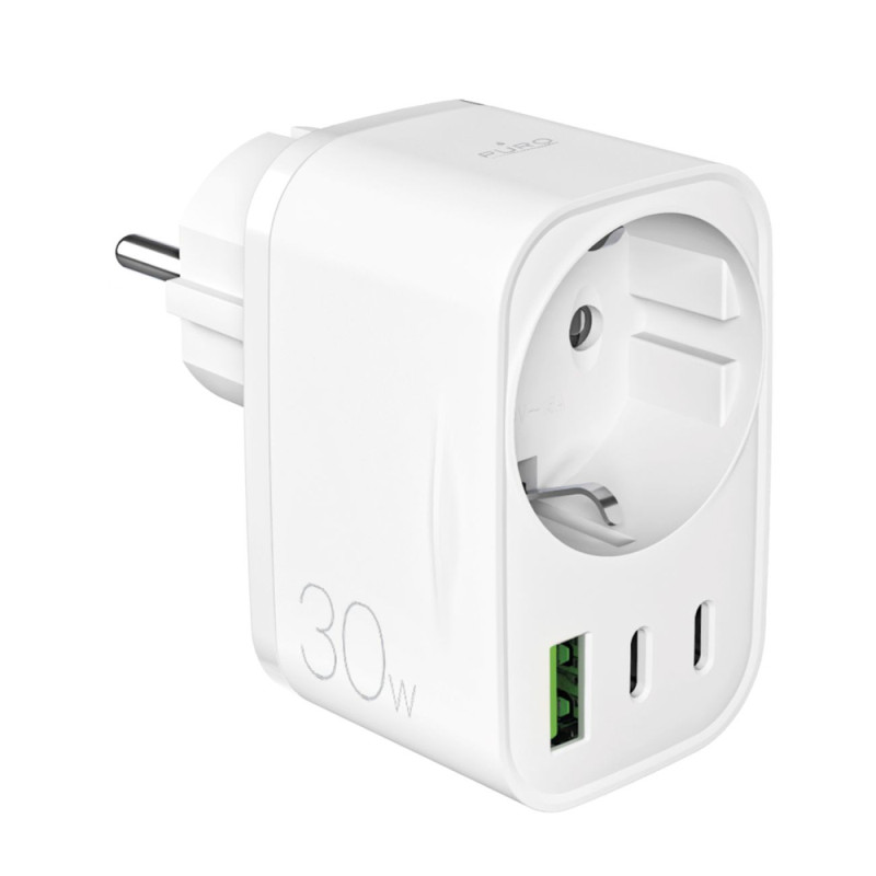 Nabíječka Puro 30W Power Delivery se zásuvkou Schuko a 2x USB-C + 1x USB-A - bílá