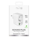 Puro 30W Power Delivery Charger with Schuko Plug and Socket 2x USB-C + 1x USB-A - White