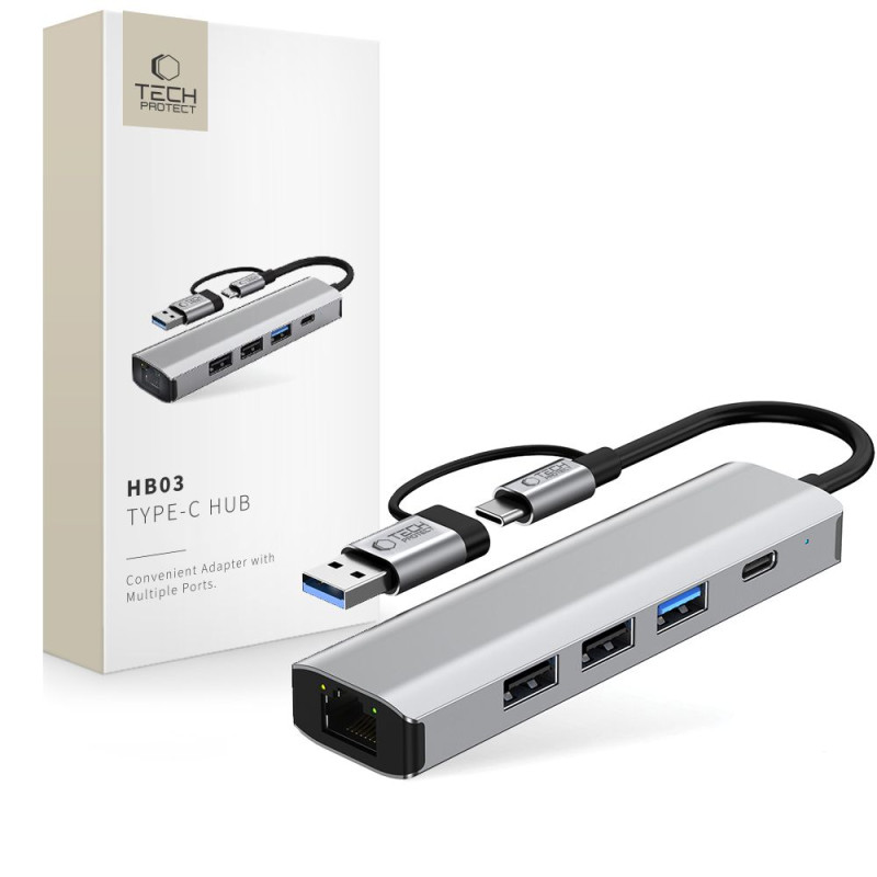 Hub Tech-Protect HB03 adaptér 5v1 USB-C + USB2.0 + USB3.0 + RJ45 - šedý