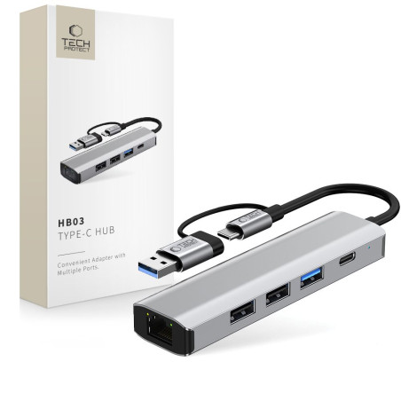 Hub Tech-Protect HB03 adaptér 5v1 USB-C + USB2.0 + USB3.0 + RJ45 - šedý