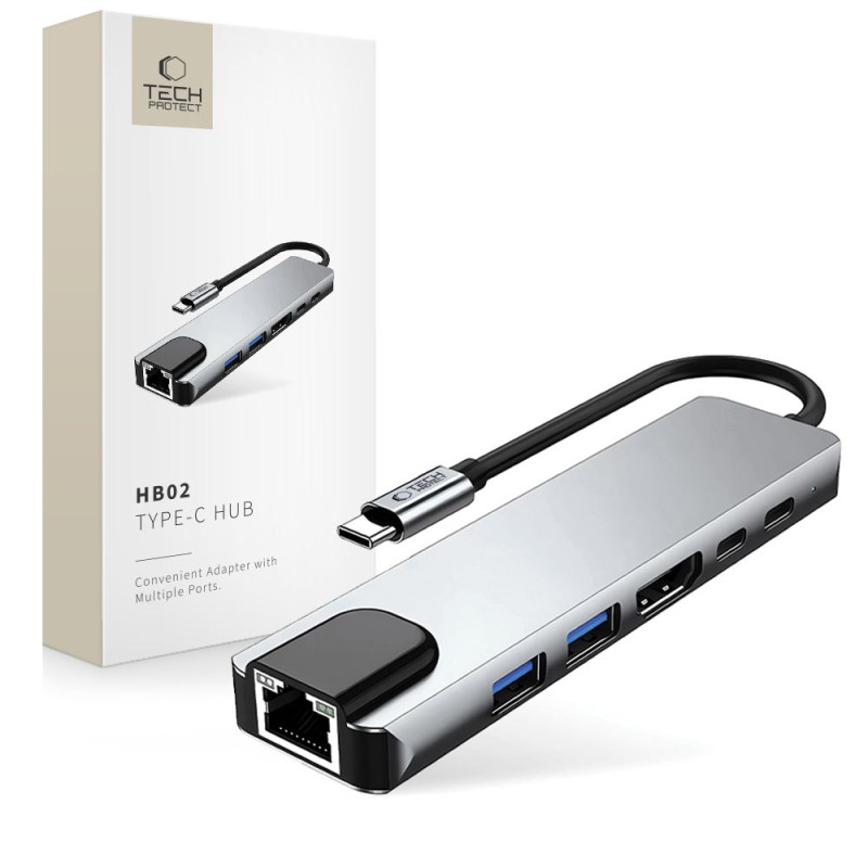 Hub Tech-Protect HB02 adaptér 6v1 USB-C + USB2.0 + USB3.0 + HDMI 4K 30Hz + RJ45 + PD100W - šedý