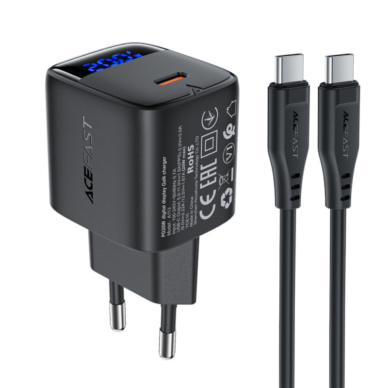 Nabíječka do sítě Acefast A113 GaN PD 20W USB-C s displejem a kabelem USB-C - černá