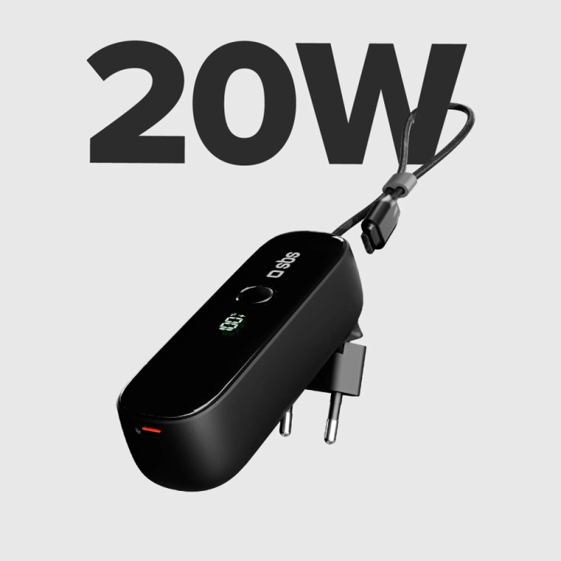 SBS Hybrid PD 20W 5000mAh Power Bank with Built-in Cable and Foldable Plug - Black