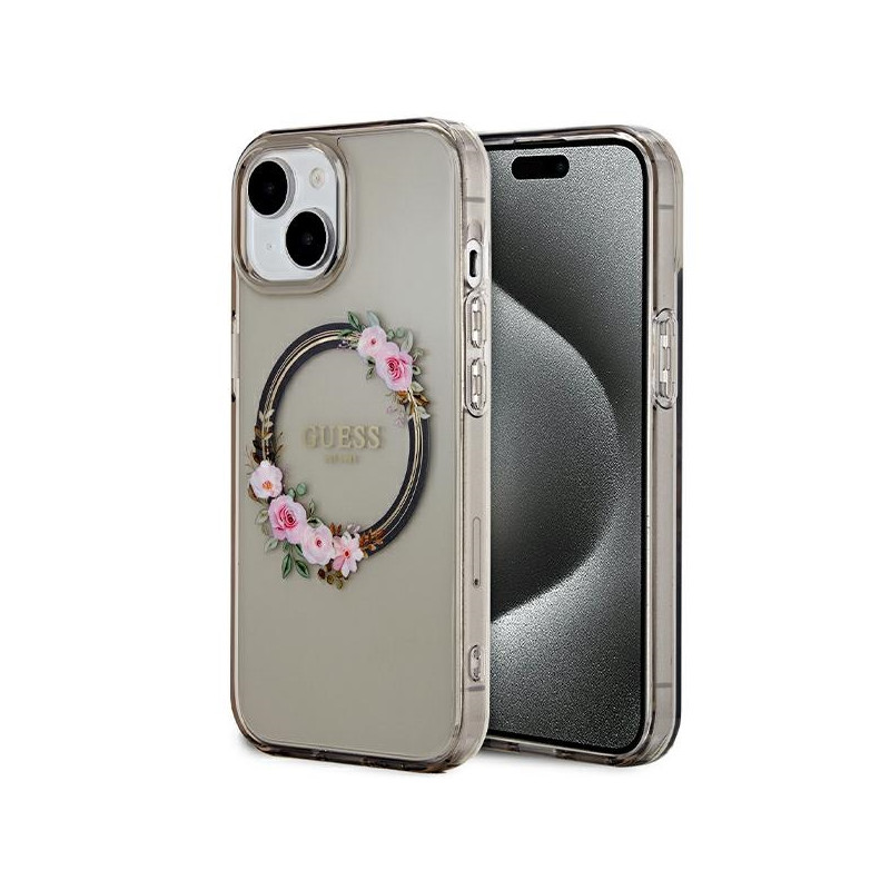 Kryt Guess IML Flowers MagSafe pro iPhone 15 / 14 / 13 - black