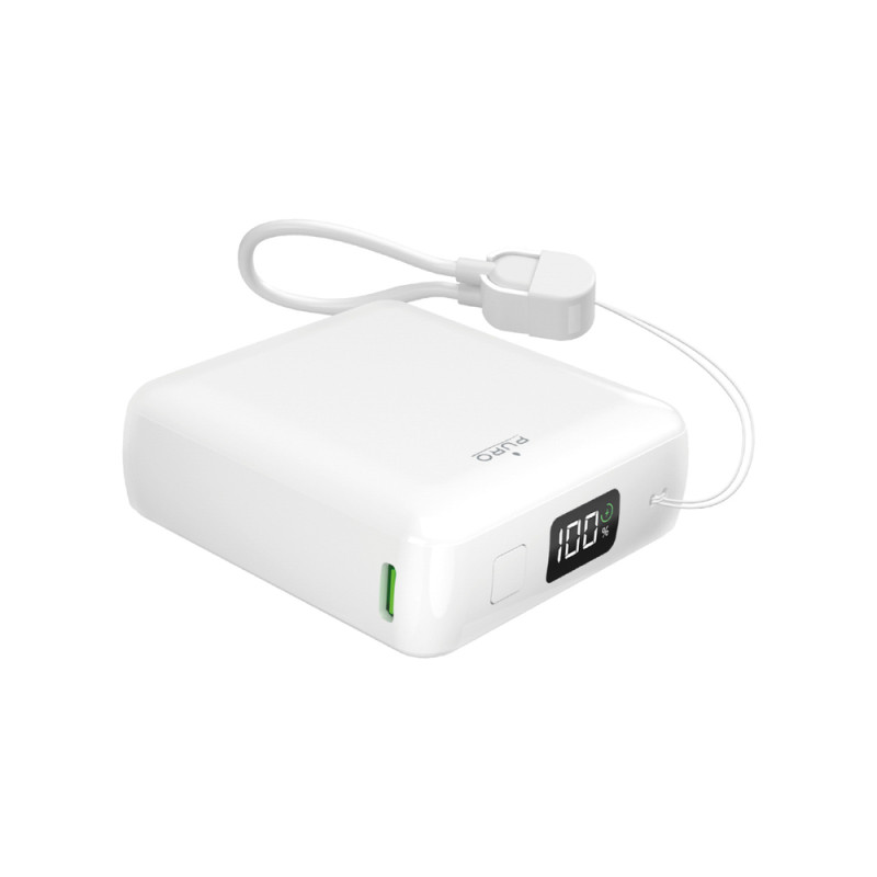 Puro 10000mAh 20W USB-C USB-A Power Bank with Display and Built-in USB-C Cable - White