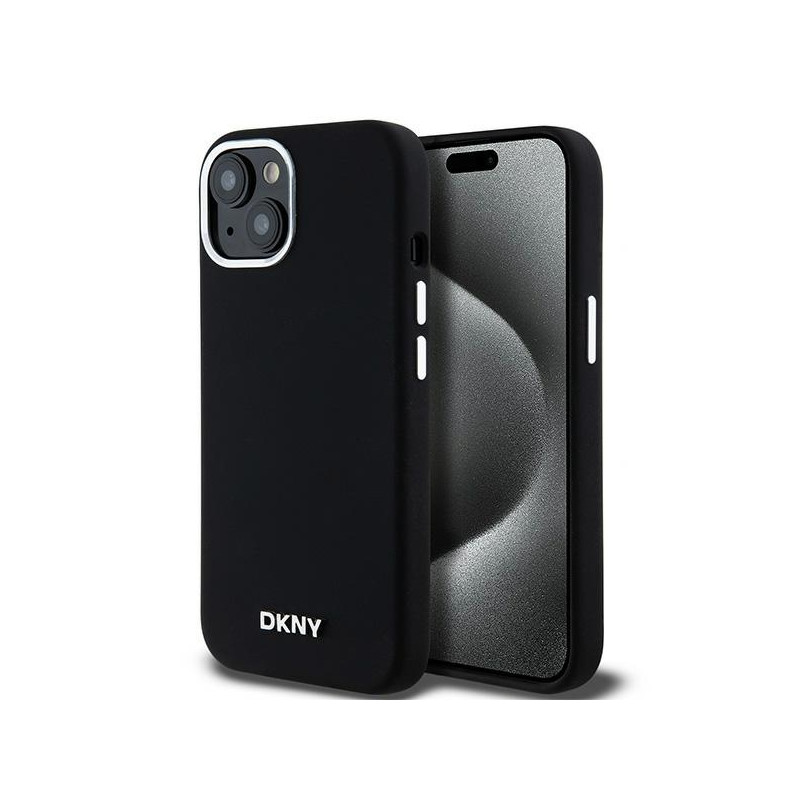 Pouzdro DKNY LIQUID SILICONE SMALL METAL LOGO pro iPhone 15 / 14 / 13 - černé