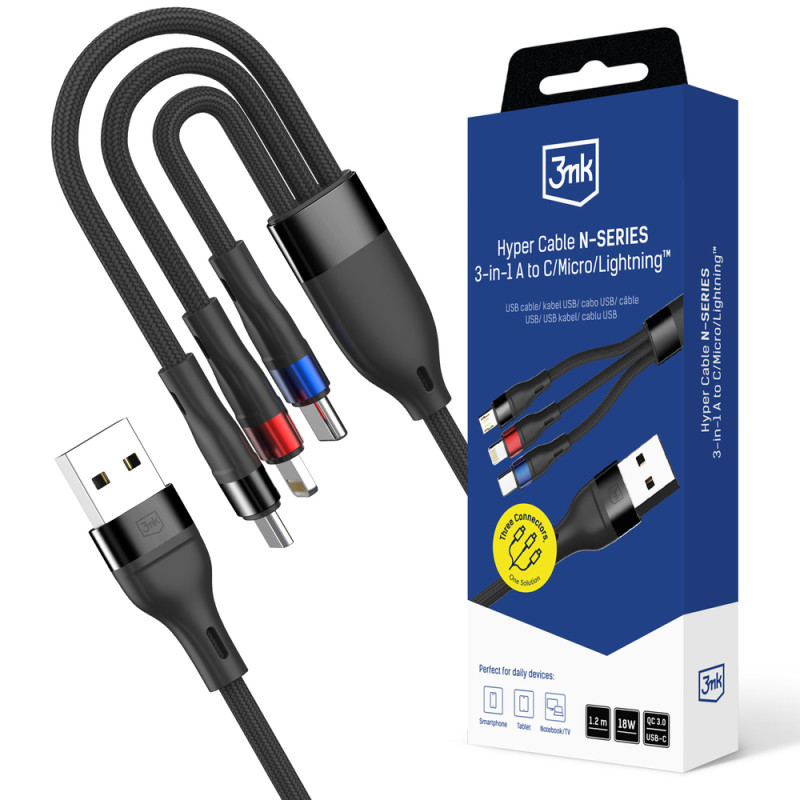 3mk Hyper Cable N-SERIES 3 in 1 USB-A / Lightning / Micro 1.2m 9V/2A 18W - black
