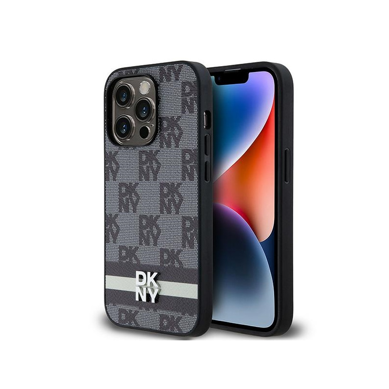 Kryt DKNY LEATHER CHECKERED MONO PATTERN & PRINTED STRIPES pro iPhone 14 Pro - černý