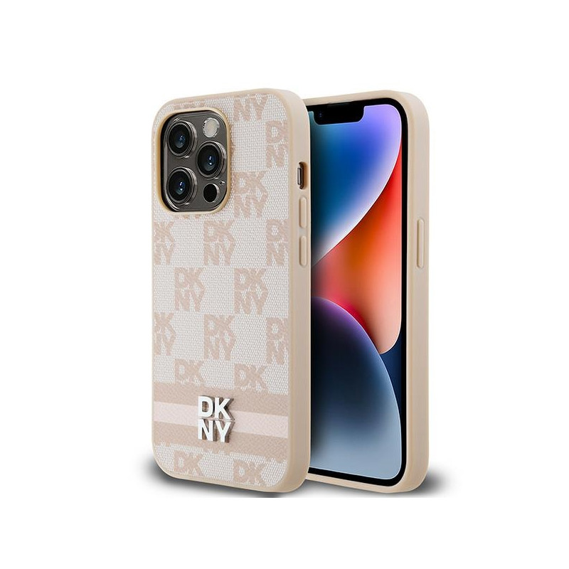 Pouzdro DKNY Leather Checkered Mono Pattern & Printed Stripes pro iPhone 14 Pro - růžová