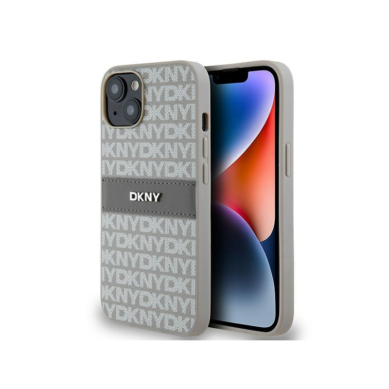 Kryt DKNY Leather Mono Stripe & Metal Logo pro iPhone 15 / 14 / 13 - béžová